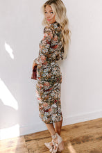 Brown Floral Allover Print Mock Neck Bodycon Long Sleeve Midi Dress