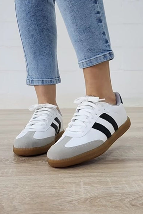 White Striped Lace-up Flat Sneakers