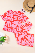 Strawberry Pink Abstract Palm Printed Ruffled Top and Wide Leg Pants Set