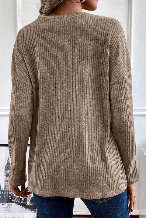 Pale Khaki Rib Textured Henley Knit Top