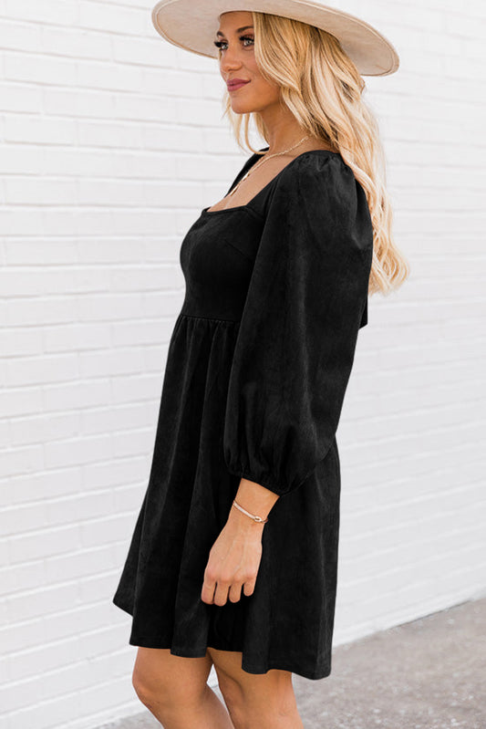 Brown Suede Square Neck Puff Sleeve Dress