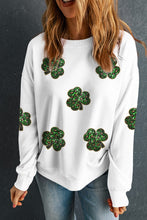 White Sequin Clover Patched Pattern St Patrick Pullover Sweatshirt