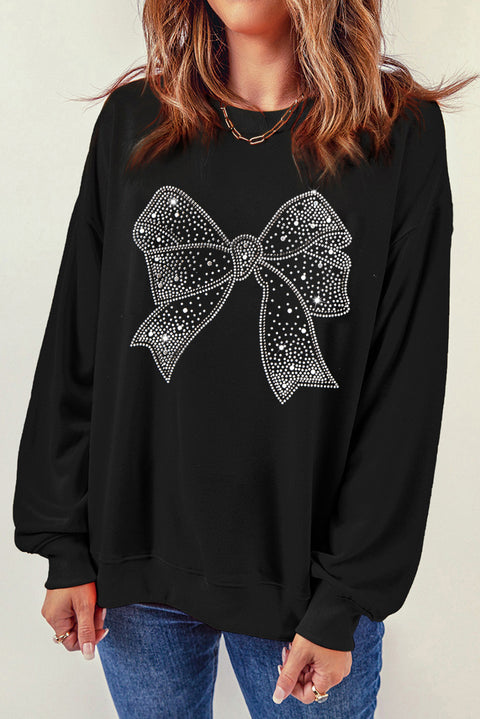 Black Rhinestone Bowknot Graphic Crewneck Pullover Sweatshirt