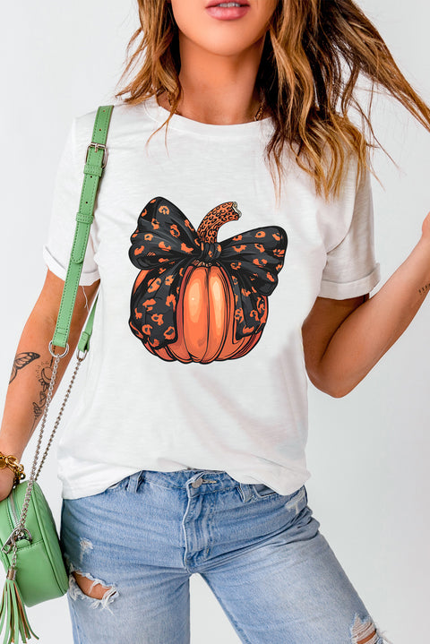 White Halloween Bowknot Pumpkin Graphic Crewneck T Shirt