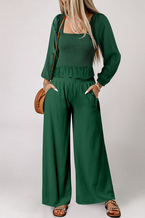 Green Square Neck Smocked Peplum Top and Pants Set