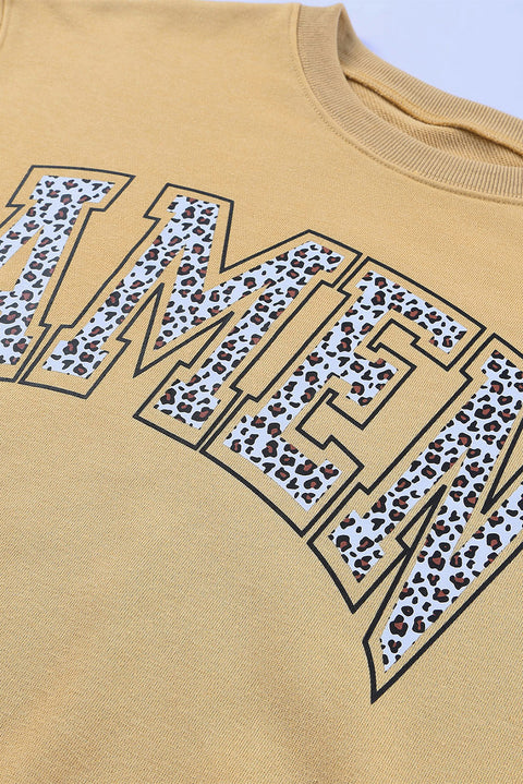 Caqui Sudadera extragrande con estampado de letras de leopardo AMEN 