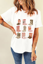 White Western Cowboy Boots Print Round Neck T Shirt