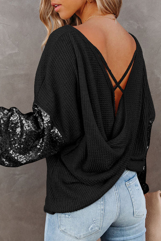 Apricot Sequin Patchwork Sleeve Open Back Waffle Knit Top