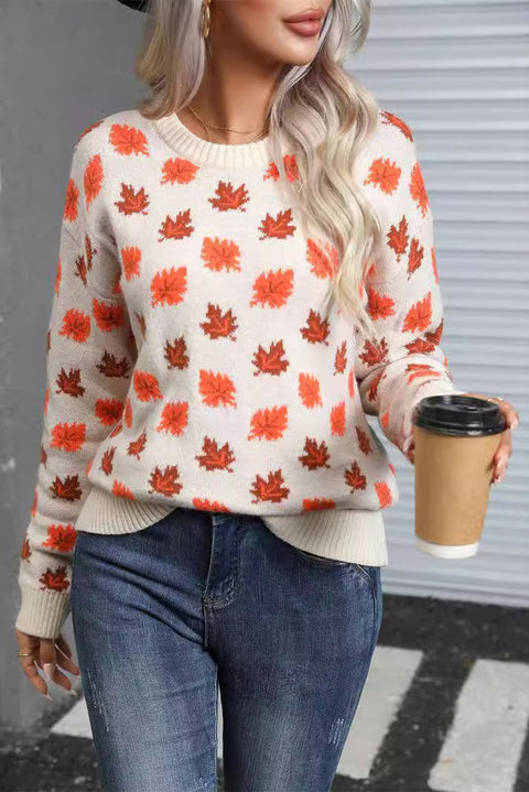 White Fall Leaves Pattern Crew Neck Sweater