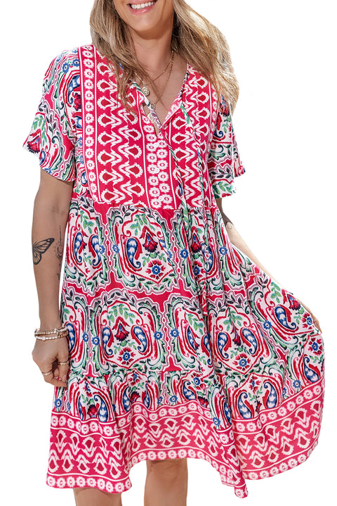 Pink Bohemian Print Tie Neck Ruffle Hem Short Dress