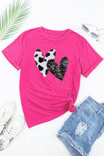 Rose Red Sequined Double Heart Graphic Crewneck T Shirt