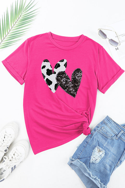 Rose Red Sequined Double Heart Graphic Crewneck T Shirt