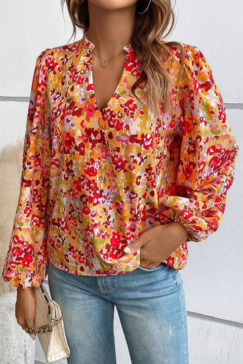 Grapefruit Orange Frilled Split Neck Bubble Sleeve Floral Blouse