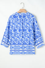 Blue Boho Printed 3/4 Sleeve Tied Neck Blouse