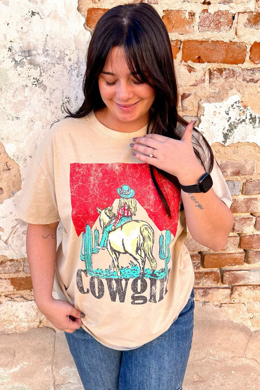 Khaki Cowgirl Rodeo Graphic Western Fashion Tee