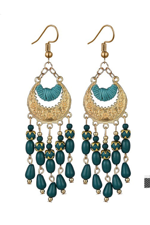 Light Blue Boho Beaded Tassel Alloy Charm Earrings