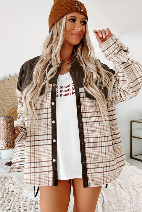 Red Plaid Patchwork Button-up Shift Shirt Jacket