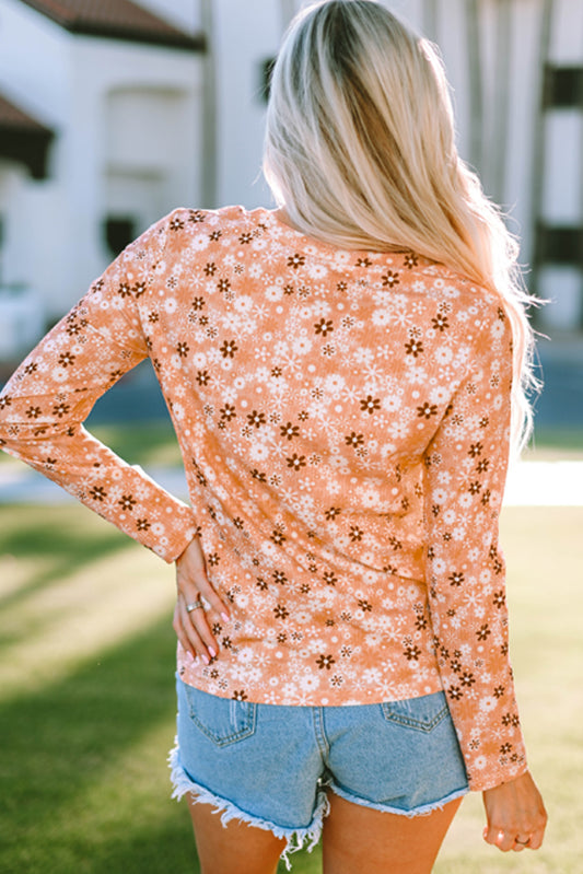 Top de manga larga de punto con print de flores naranja