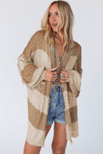 Khaki Stripe Lantern Sleeve Fringed Open Cardigan