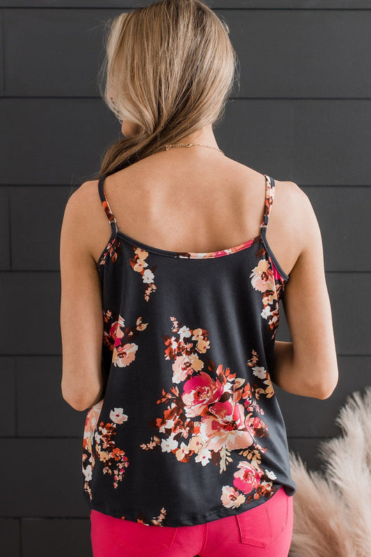 Floral Print Adjustable Spaghetti Strap V Neck Tank Top