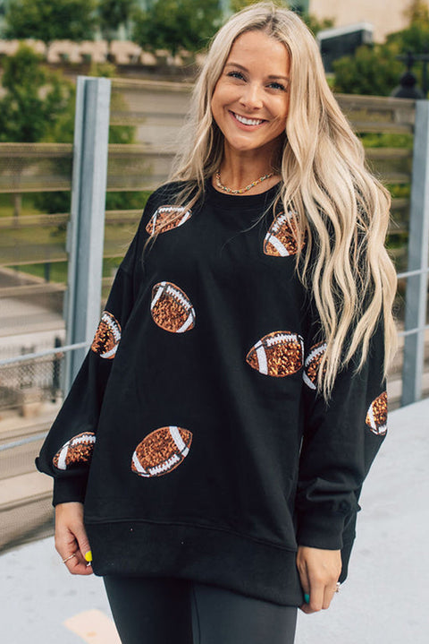 Black Sequin Rugby Graphic Pullover Sweatshirt