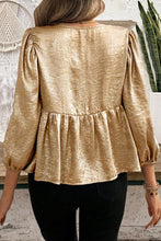 Gold Bow Tie Front Puff 3/4 Sleeve Ruffle Hem Blouse