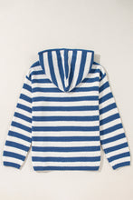 Blue Stripe V Neck Pocketed Drawstring Hooded Sweater