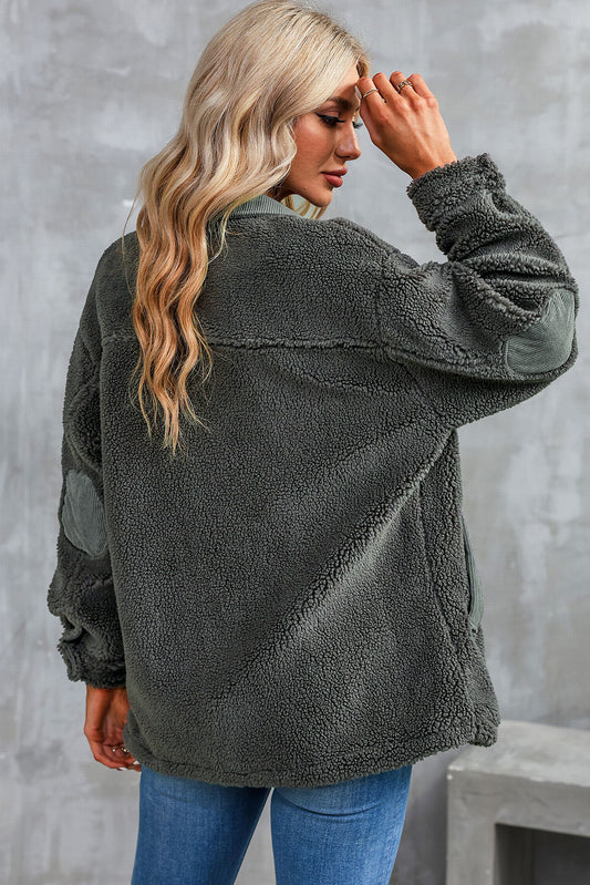 Gray Corduroy Trim Elbow Patch Sherpa Jacket