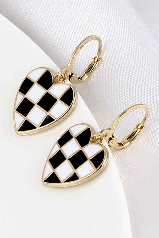 Black Checkered Heart Shape Hoop Dangle Earrings