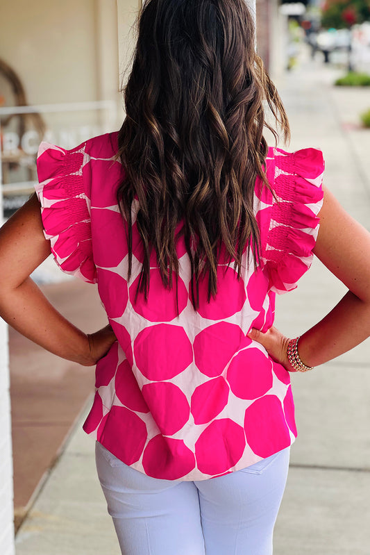 Rose Bubblegum Pattern Frilled Collar Flutter Sleeve Top