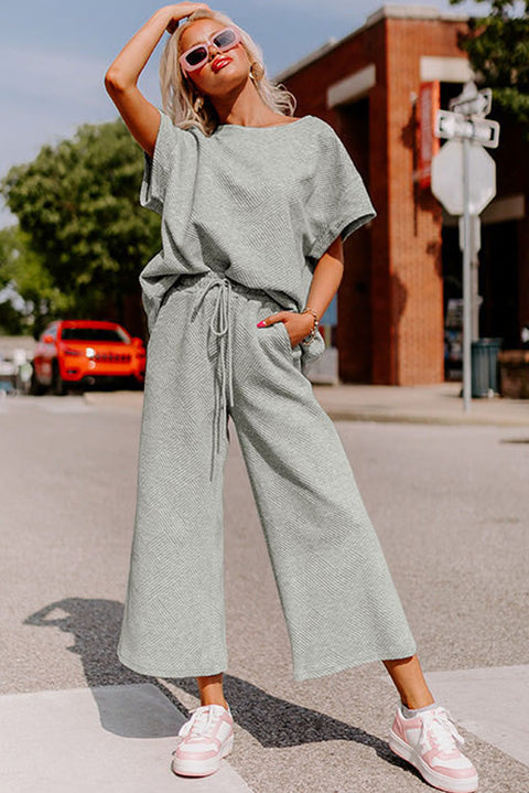 Gray Textured Loose Fit T Shirt and Drawstring Pants Set