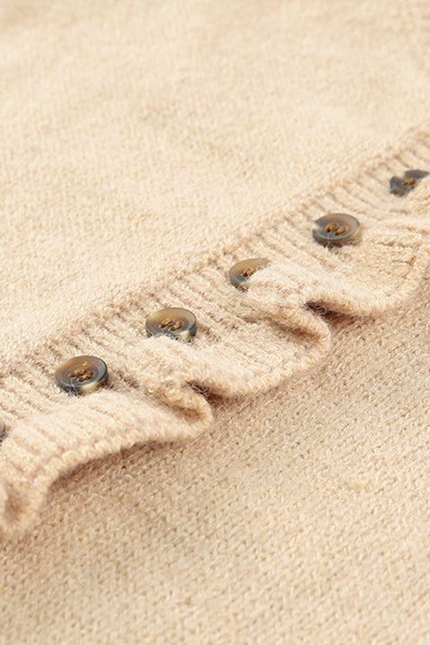 Beige Frill Trim Buttoned Knit Pullover Sweater