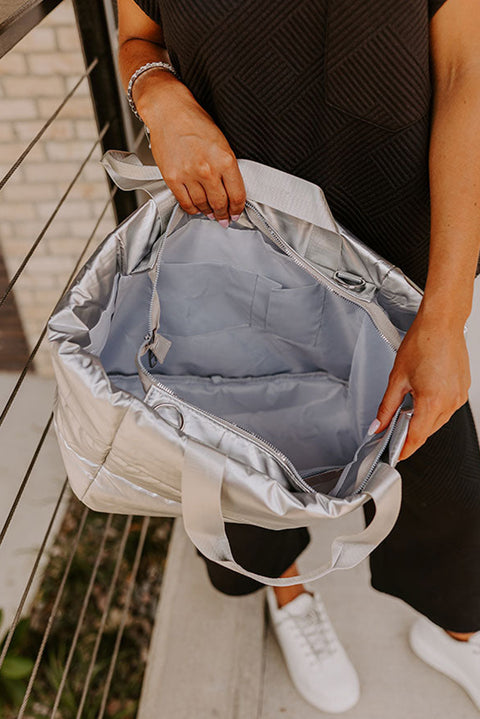 Silvery Solid Zipper Puffer Large Tote Bag