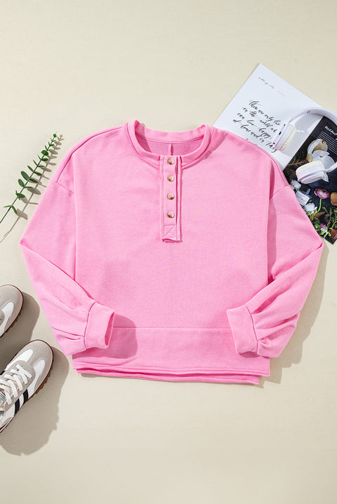 Sachet Pink Solid Color Buttoned Neckline Loose Sweatshirt