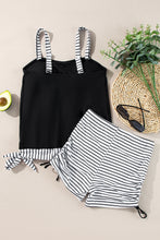 Black Striped Patchwork Side Drawstring Bottoms Tankini Set