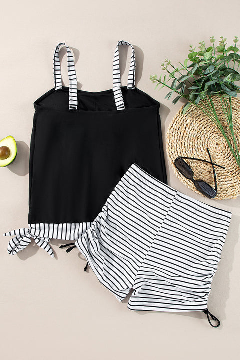 Black Striped Patchwork Side Drawstring Bottoms Tankini Set