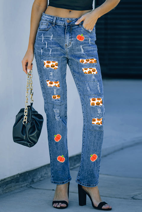 Sky Blue Ripped Pumpkin Patchwork Halloween Straight Jeans