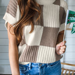 Khaki Checkered Color Block Crew Neck Short Sleeve Sweater