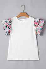 White Abstract Print Tiered Ruffled Sleeve Textured Knit Top