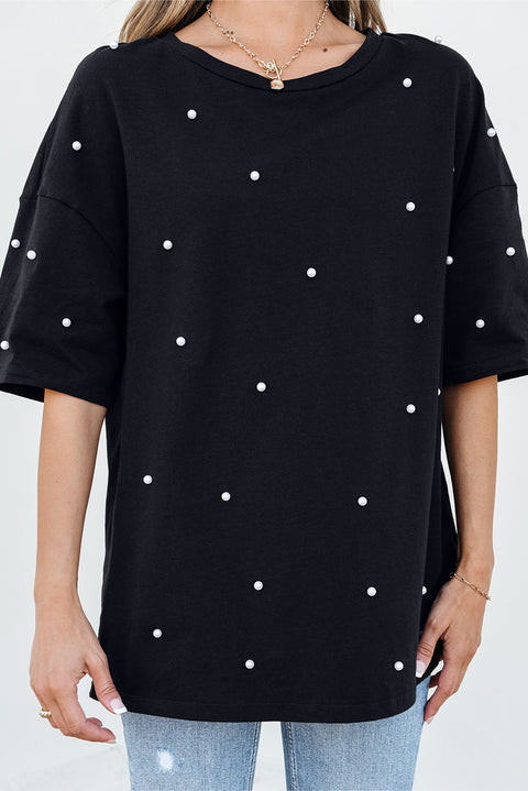 Black Pearl Beaded  Drop Shoulder Crewneck T Shirt