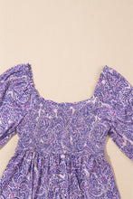 Purple Boho Paisley Print Half Sleeve Shirred Peplum Blouse