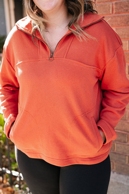 Orange O-ring Zipper Pocketed Plus Size Sweatshirt