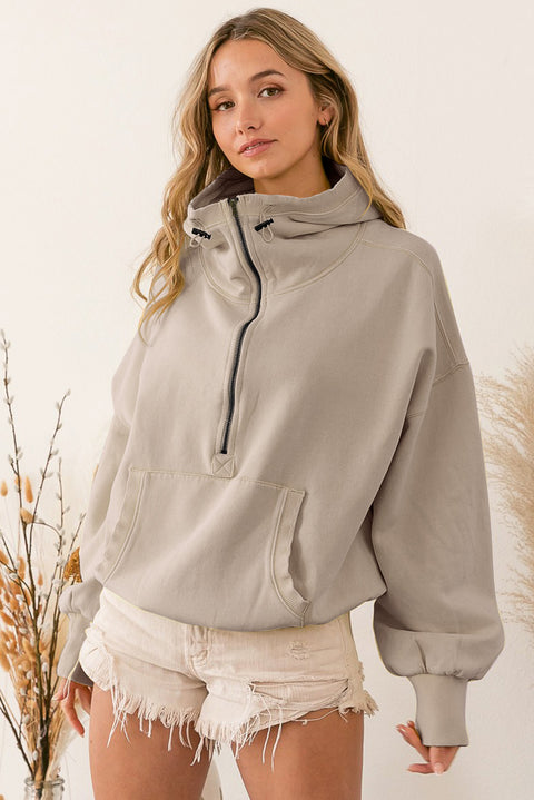 Beige Ribbed Trim Kangaroo Pocket Zipped Hoodie