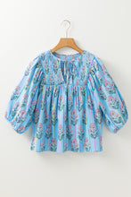 Sky Blue Floral Striped Print Tie Shirred Splie Neck Blouse