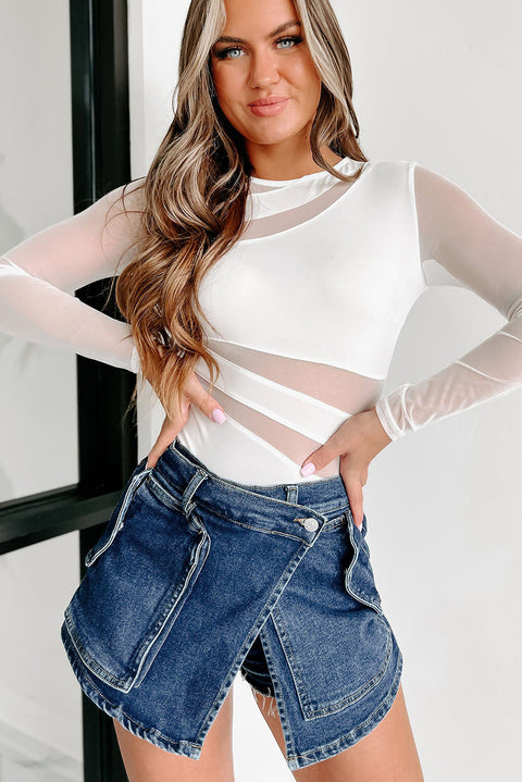 White Mesh Splicing Back Cutout Long Sleeve Bodysuit