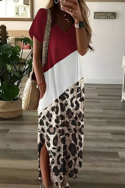 Leopard Color Block Side Slit T Shirt Maxi Dress