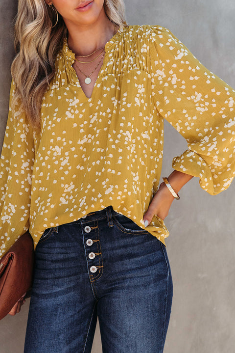 Split Neck Fall Printed Crinkled Blouse