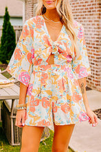 Orange Blooming Floral Print Front Tie Romper