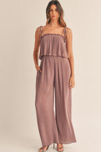 Rose Tan Solid Self Tied Straps Pleated Wide Leg Jumpsuit