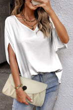 White Solid Color Satin V Neck Batwing Sleeve Blouse